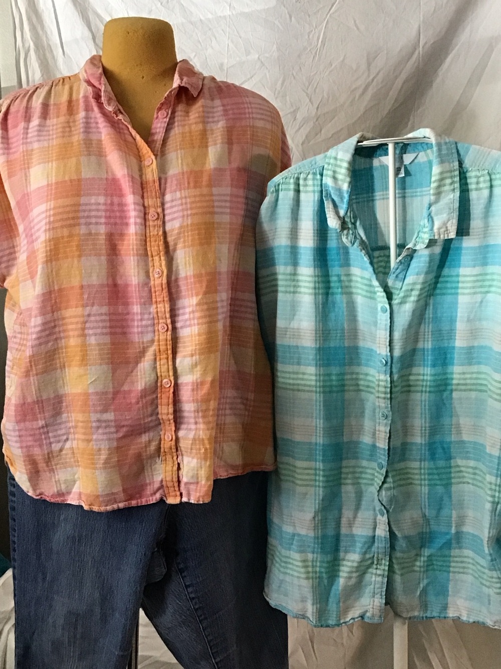 Time and Tru Plaid Button-Up Blouse in Pink, Peach &  yellow and blue one